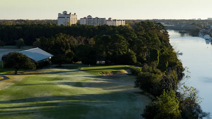 A fairway on the Norman Course running down to the Intracoastal Waterway and the swing bridge
