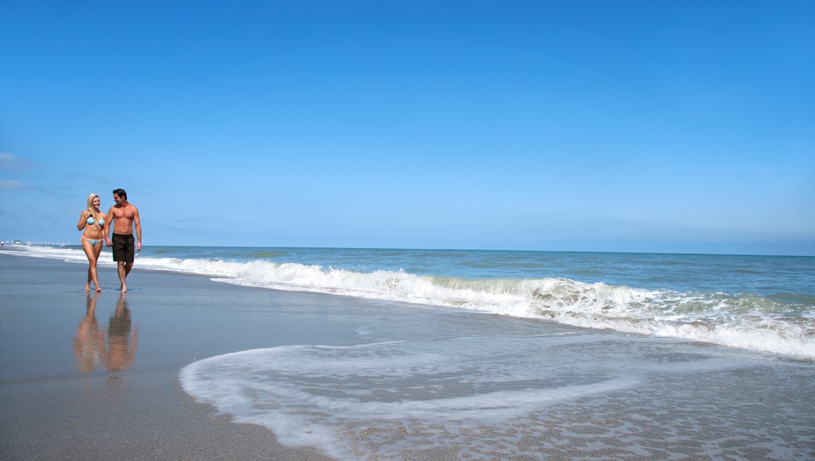 The beach in front of Crown Reef Beach Resort in Myrtle Beach