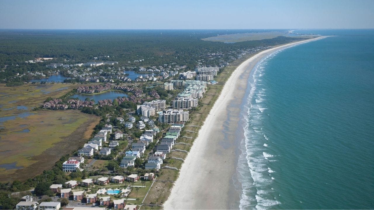 Litchfield Beach from the air, with the resort buildings between the marsh and the ocean