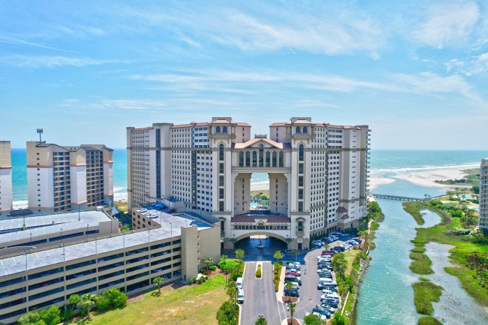 The towers of North Beach Plantation between the ocean and the waterway in North Myrtle Beach