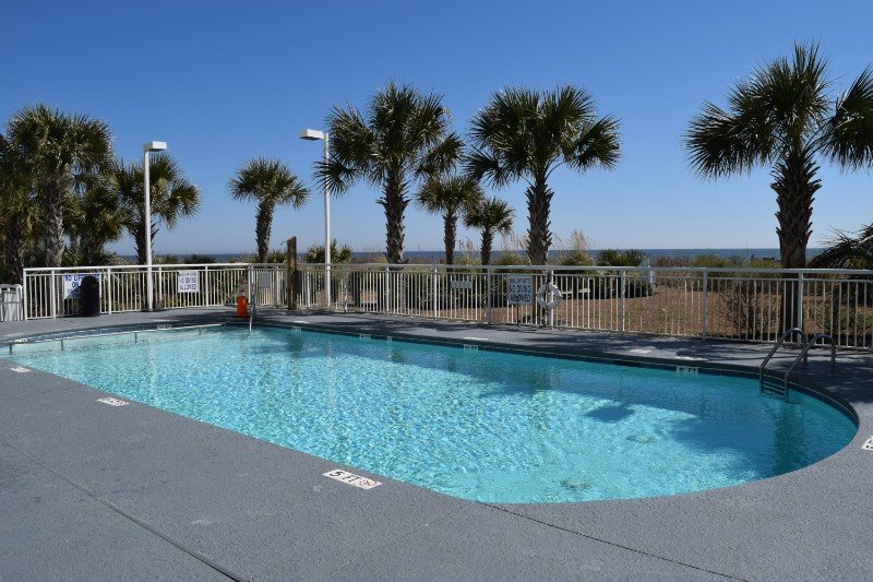 The oceanfront outdoor pool ringed with palms at Ocean Blue Resort